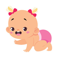 Cute Little Baby Girl or Infant in Pink Diaper Crawling Vector Illustration