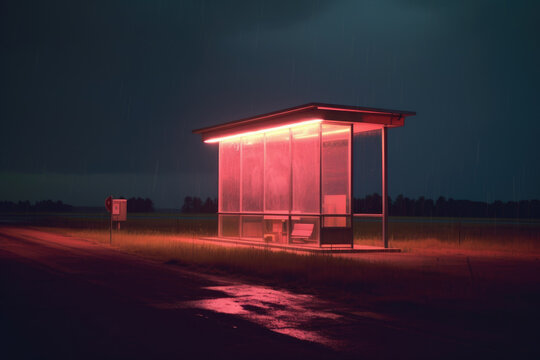 Bus stop at night with neon lights