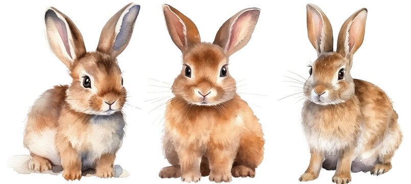Collection of three watercolour paintings of brown cute rabbits isolated on white background, animal clipart bundle