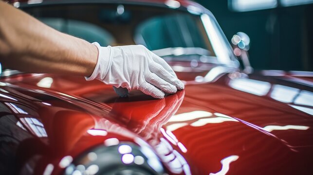 Male hands gloved hands polishing a red car.Generative AI