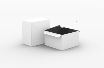 Opened square product box packaging mockup for brand advertising on a transparent background.
