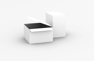 Opened square product box packaging mockup for brand advertising on a transparent background.