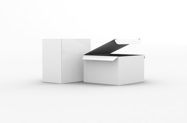 Opened square product box packaging mockup for brand advertising on a transparent background.