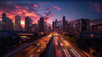 Fototapeta na wymiar Japanese city in twilight, highway in downtown after sunset