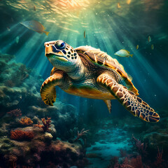 Naklejka na ściany i meble turtle swimming in the sea, Underwater 