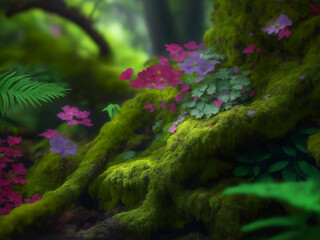 Colorful moss fern and flowers, Generative AI Illustration.
