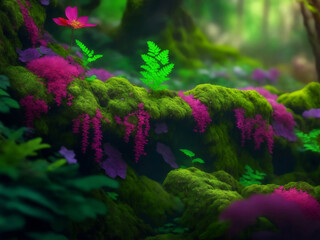 Colorful moss fern and flowers, Generative AI Illustration.