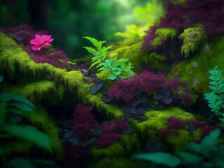 Colorful moss fern and flowers, Generative AI Illustration.