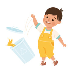 Little Boy Turn Over Dustbin Having Bad Behavior Vector Illustration