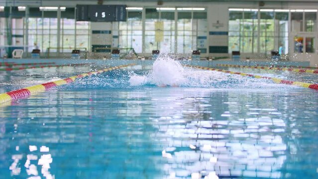 Well trained professional female swimmer in the butterfly stroke, arms movement, and breath technique, intense training in the indoor pool, front view slow motion.