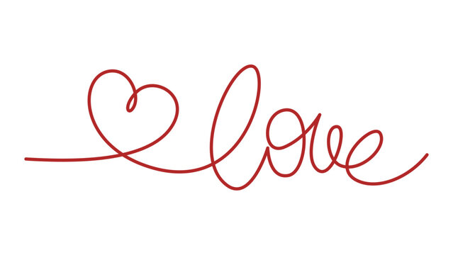 Continuous line drawing of word love and heart. One line art vector minimalist illustration. Outline can be edited. Lettering for print on shirt, poster, cards, banner, handcrafted goods, tags, labels