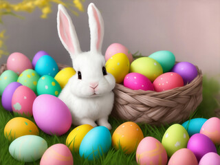 Happy bunny rabbits with easter eggs, Generative AI Illustration.