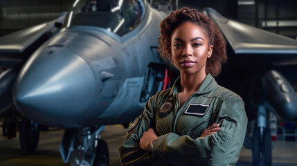 Military fighter jet woman pilot portrait, African American. Generative AI