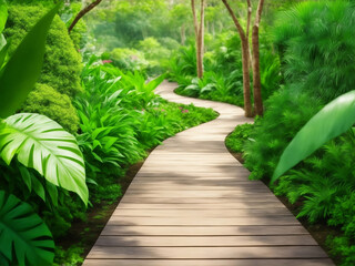 Fototapeta na wymiar A wooden way in green garden, Generative AI Illustration.