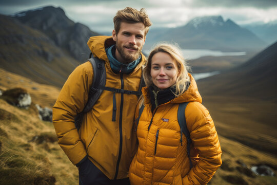couple in outdoor clothing hiking in the mountains