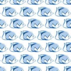 Fototapeta premium Seamless pattern with simple fishes and bubbles in doodle style. Vector marine background. Print for textiles, wrapping paper, wallpaper.