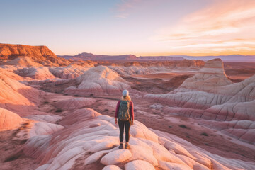 Female hiker in a colorful sandstone mountain landscape at sunset