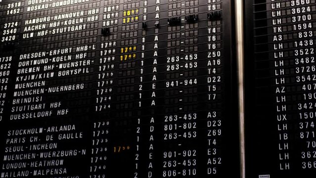 schedule of aircraft flights on an electronic scoreboard, travelling during covid-19 pandemic, concept delay, flight cancellation, arrival time, flight number, wait for the arrival of flight