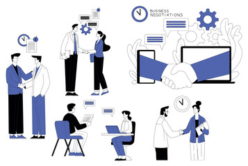 Business Process with People Characters Have Negotiation Handshaking and Meeting Vector Set