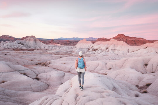 Female hiker in a colorful sandstone mountain landscape at sunset