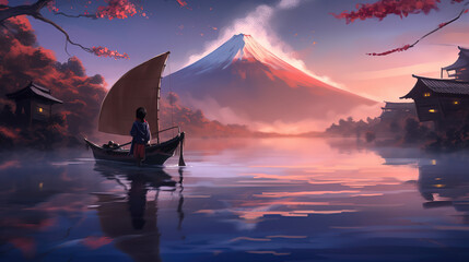 an epic illustration of a warrior in a boat standing in front of the impressive mountain fuji, ai generated image