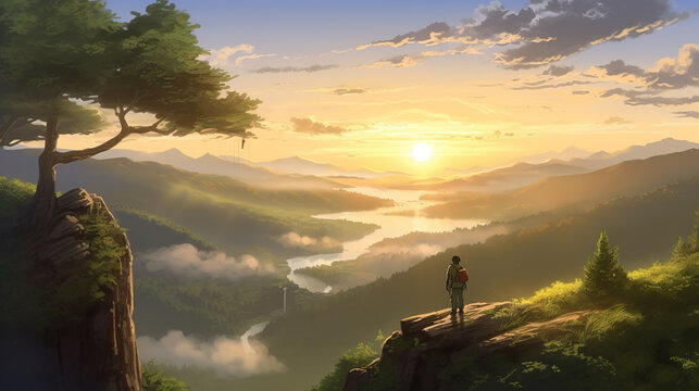 an adventurer on his journey watching a beautiful sunset in the mountains, anime artwork, ai generated image