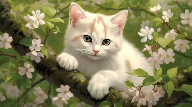 a beautiful white cat in a tree in spring, wallpaper anime artwork, ai generated image