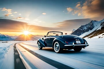 Fototapeta na wymiar A classic convertible cruising along a winding mountain road surrounded by majestic snow-capped peaks (1)