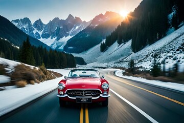 A classic convertible cruising along a winding mountain road surrounded by majestic snow-capped peaks (1)