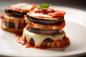 Provolone e Melanzane with layers of cheese and eggplant slices topped with tomato sauce on a white plate