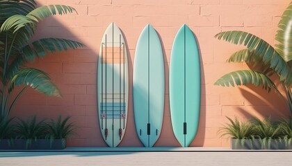 Illustration of surfboards against a pink wall. Summer surf holiday vacation hipster tropical 