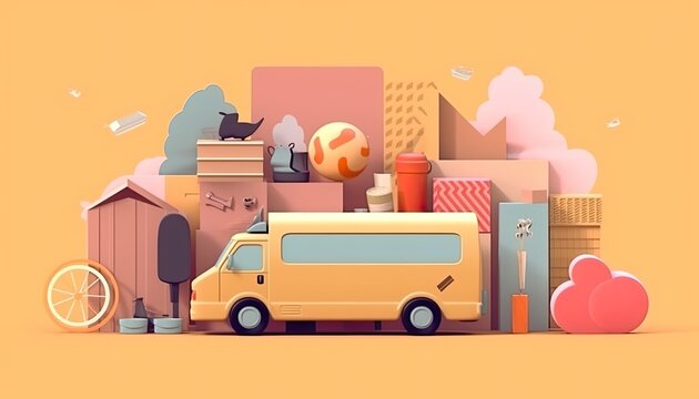 Moving with boxes to new home. Moving van. paper cut cardboard illustration. 