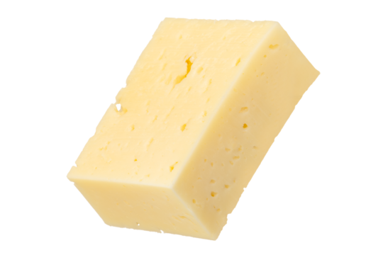 Big piece of cheese isolated on white background. Cheese for pizza. A piece of cheese cut into rectangles on a white background, close-up. Insert into a design or project.