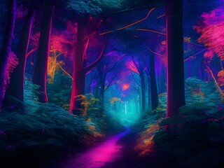 Enchanted Luminescence: Traversing the Melodic Wilderness of Neon Glades. AI-Generated
