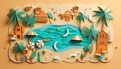 papercut illustration cut out style flat lay of vacation, surf sea summer