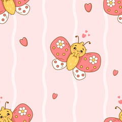 Seamless pattern with cute in love butterfly on light pink background. Groovy vector Illustration for kids collection, wallpaper, design, textile, packaging, decor.