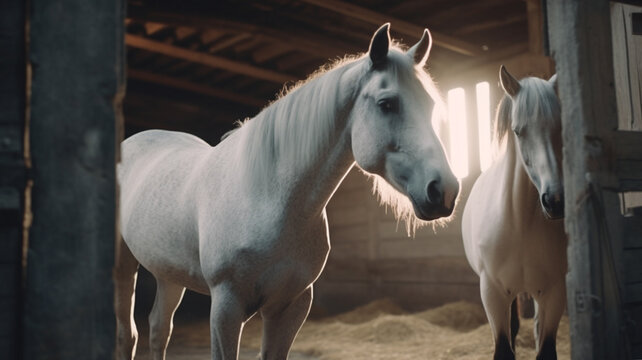 beautiful well-groomed horses in the stable. Generative AI