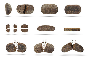 Set of black rye bread on a white isolated background. Bread of different cut slices hanging or falling on a white background.