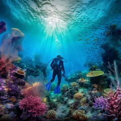 Fototapeta na wymiar scuba diver and coral reef, underwater landscape, generative AI