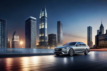 A sleek sedan driving across a modern urban skyline at twilight, with skyscrapers and city lights in the backdrop. - obrazy, fototapety, plakaty