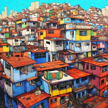 colourfull drawing of a favela in Brazil, generative AI