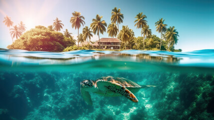 Obraz premium turtle underwater at the foot of Paradise tropical island with palm trees on a sunny day. Generative AI