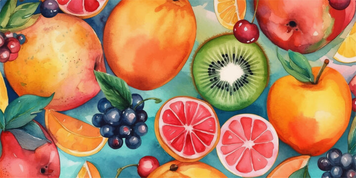 Fresh fruits and berries background. Colourful watercolour vector illustration.