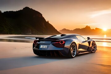 Fototapeta na wymiar An exotic supercar parked in front of a stunning sunset on a tropical beach.