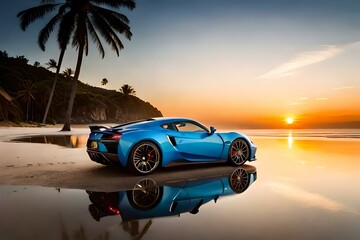 Fototapeta na wymiar An exotic supercar parked in front of a stunning sunset on a tropical beach.