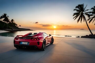 Obraz na płótnie Canvas An exotic supercar parked in front of a stunning sunset on a tropical beach.