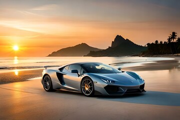Obraz na płótnie Canvas An exotic supercar parked in front of a stunning sunset on a tropical beach.