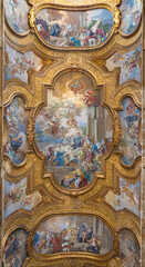 Fototapeta na wymiar NAPLES, ITALY - APRIL 21, 2023: The ceiling fresco Scene from life of St. Benedict in the church Chiesa dei Santi Severino e Sossio by Francesco De Mura (1696 – 1782).