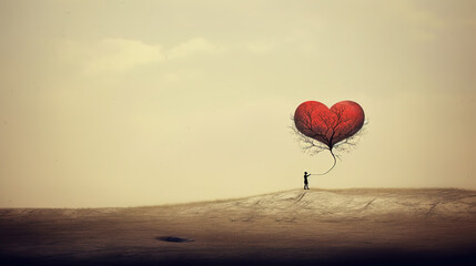 a lonely person holding a big giant heart balloon, sad inspired illustration, ai generated image