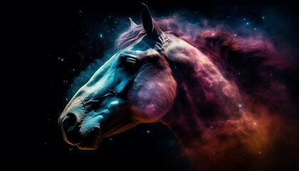 Obraz na płótnie Canvas Majestic thoroughbred stallion gallops through dark meadow under blue moon generated by AI
